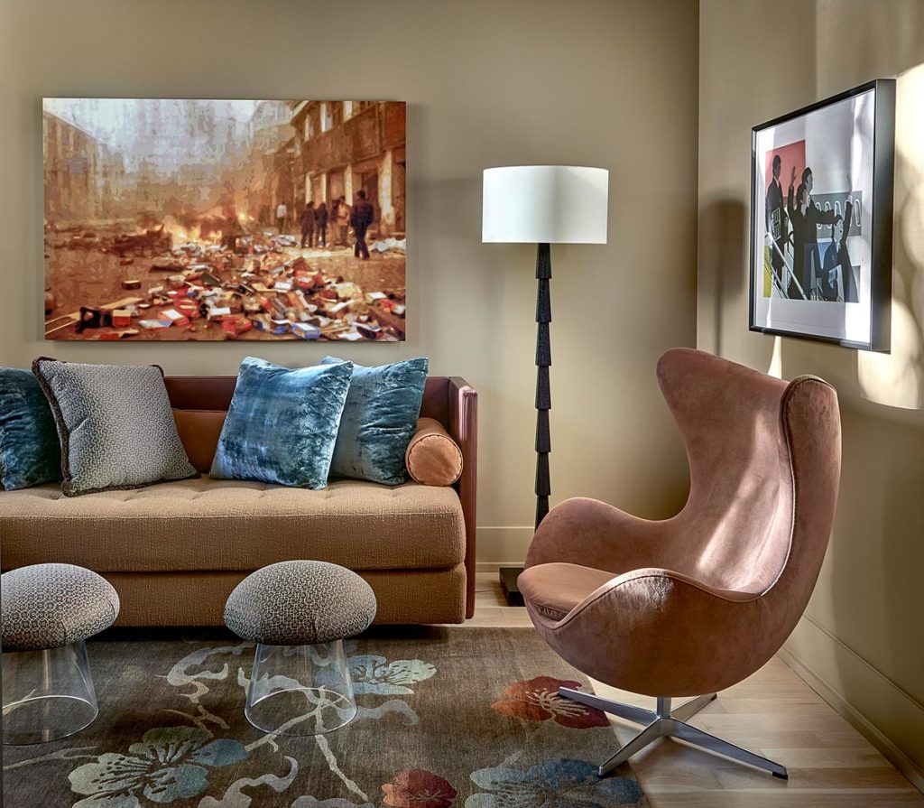 contemporary sofa, modern chair, Arne Jacobson egg chair, mushroom stools, lamp, rugs, Mitchell Channon, interior design