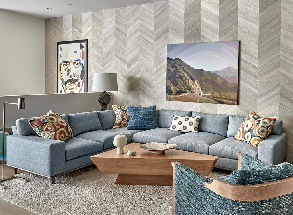 contemporary sectional, custom coffee table, Maya Romanoff wall covering, chevron pattern, MItchell Channon