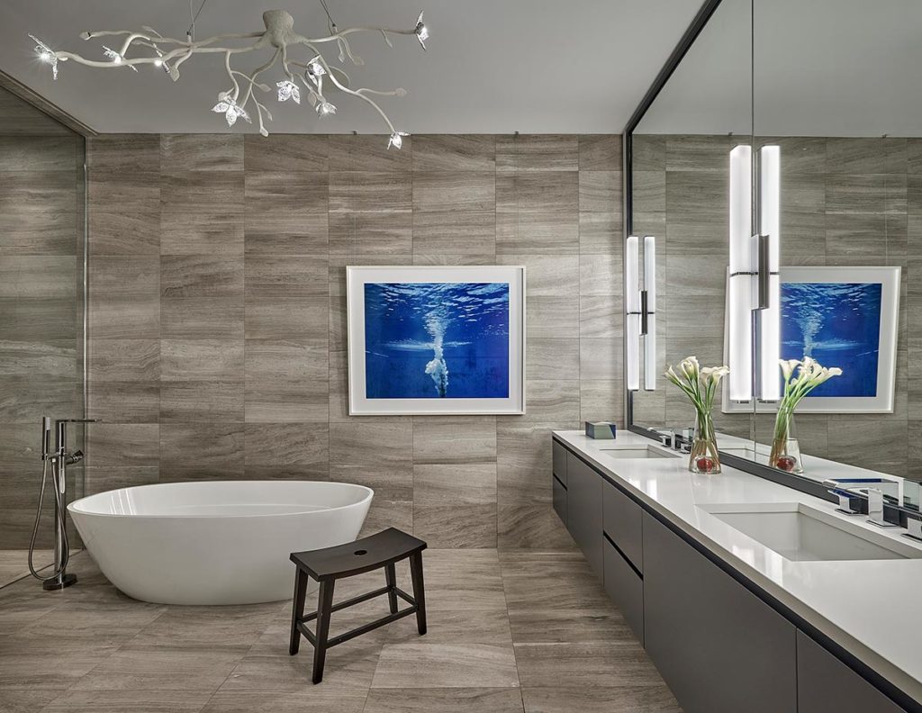 modern primary bath, master bath, art in the bathroom, Mitchell Channon, interior design